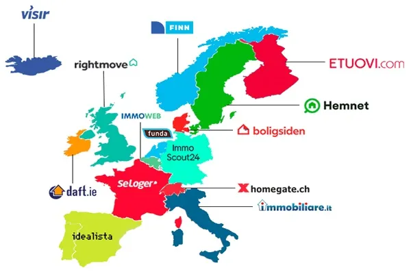 Ευρωπαϊκές χώρες με το λογότυπο ενός κορυφαίου ιστότοπου ακινήτων